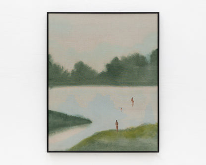 ACRYLIC ON LINEN PAINTING - DISTANT BATHERS #86 - 37" W X 46" H