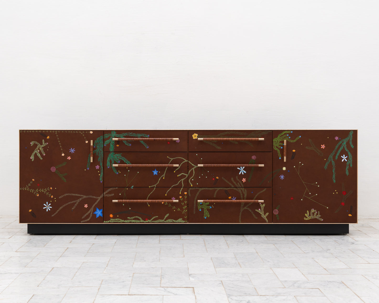 TATTOOED MAPPER BUREAU - 95" L, NATURAL TIGER MAPLE EXTERIOR, BARK LEATHER FACES