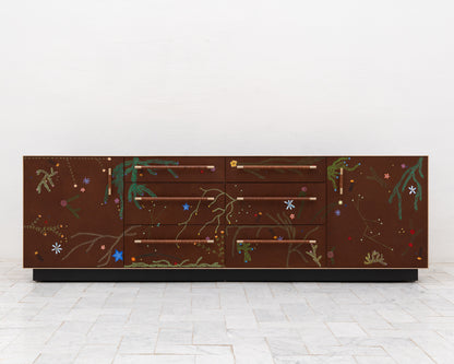 TATTOOED MAPPER BUREAU - 95" L, NATURAL TIGER MAPLE EXTERIOR, BARK LEATHER FACES