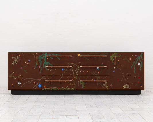 TATTOOED MAPPER BUREAU - 95" L, NATURAL TIGER MAPLE EXTERIOR, BARK LEATHER FACES