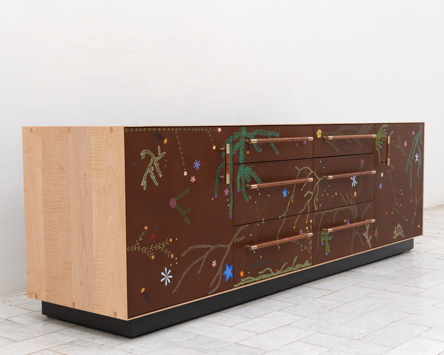 TATTOOED MAPPER BUREAU - 95" L, NATURAL TIGER MAPLE EXTERIOR, BARK LEATHER FACES