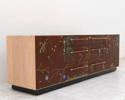 TATTOOED MAPPER BUREAU - 95" L, NATURAL TIGER MAPLE EXTERIOR, BARK LEATHER FACES