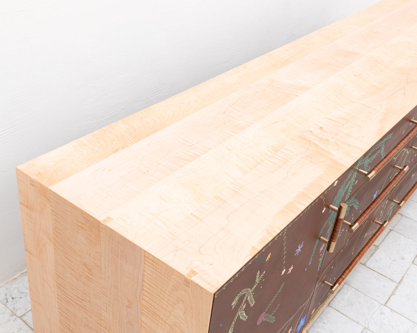TATTOOED MAPPER BUREAU - 95" L, NATURAL TIGER MAPLE EXTERIOR, BARK LEATHER FACES