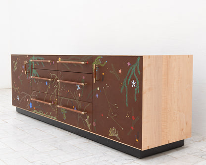 TATTOOED MAPPER BUREAU - 95" L, NATURAL TIGER MAPLE EXTERIOR, BARK LEATHER FACES