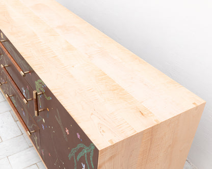 TATTOOED MAPPER BUREAU - 95" L, NATURAL TIGER MAPLE EXTERIOR, BARK LEATHER FACES