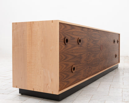 TATTOOED MAPPER BUREAU - 95" L, NATURAL TIGER MAPLE EXTERIOR, BARK LEATHER FACES