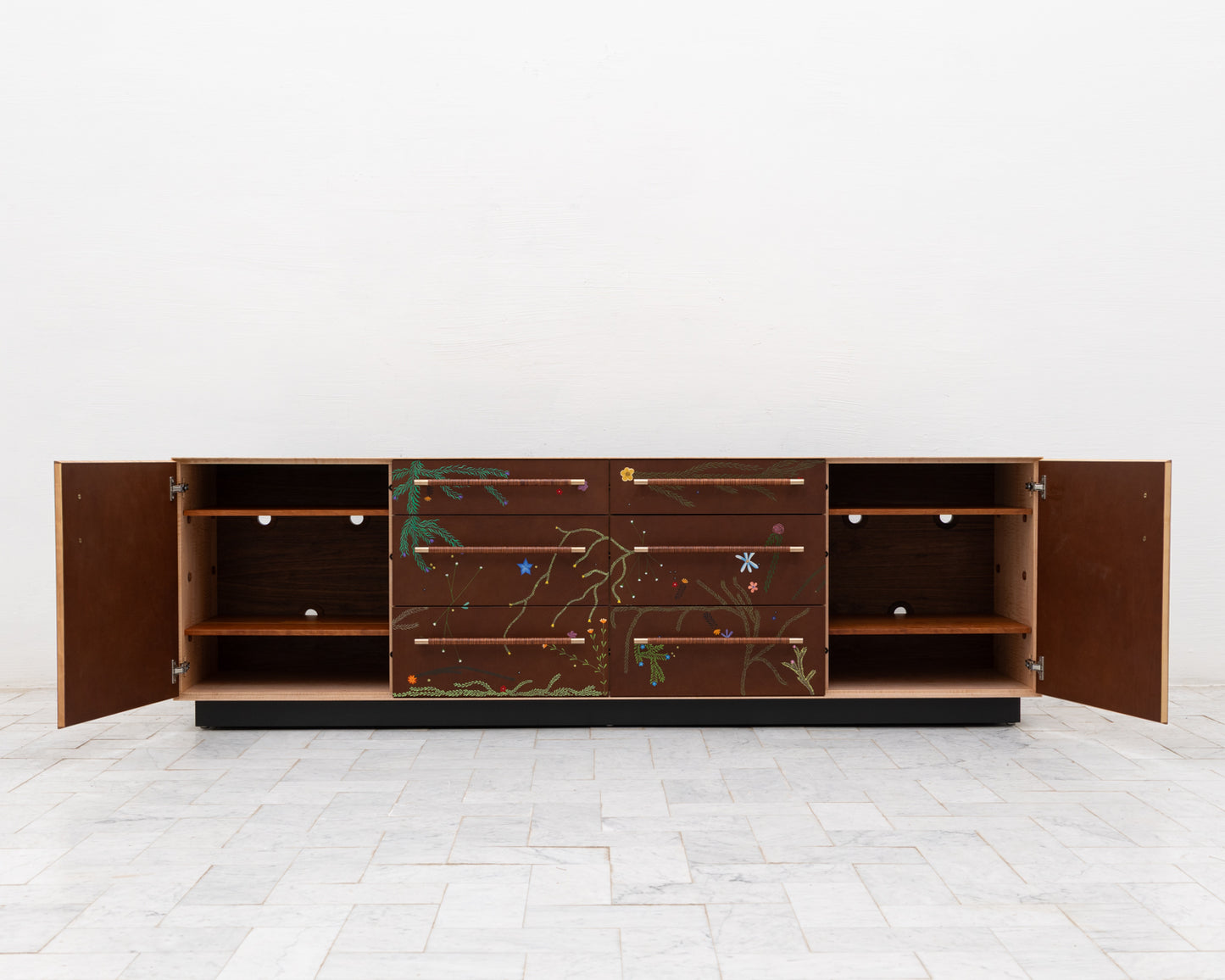 TATTOOED MAPPER BUREAU - 95" L, NATURAL TIGER MAPLE EXTERIOR, BARK LEATHER FACES
