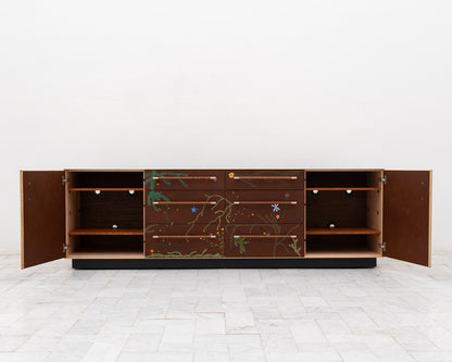 TATTOOED MAPPER BUREAU - 95" L, NATURAL TIGER MAPLE EXTERIOR, BARK LEATHER FACES
