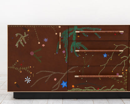 TATTOOED MAPPER BUREAU - 95" L, NATURAL TIGER MAPLE EXTERIOR, BARK LEATHER FACES