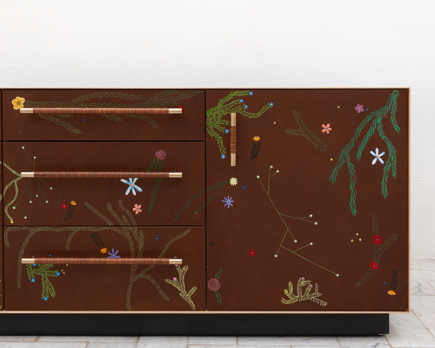 TATTOOED MAPPER BUREAU - 95" L, NATURAL TIGER MAPLE EXTERIOR, BARK LEATHER FACES