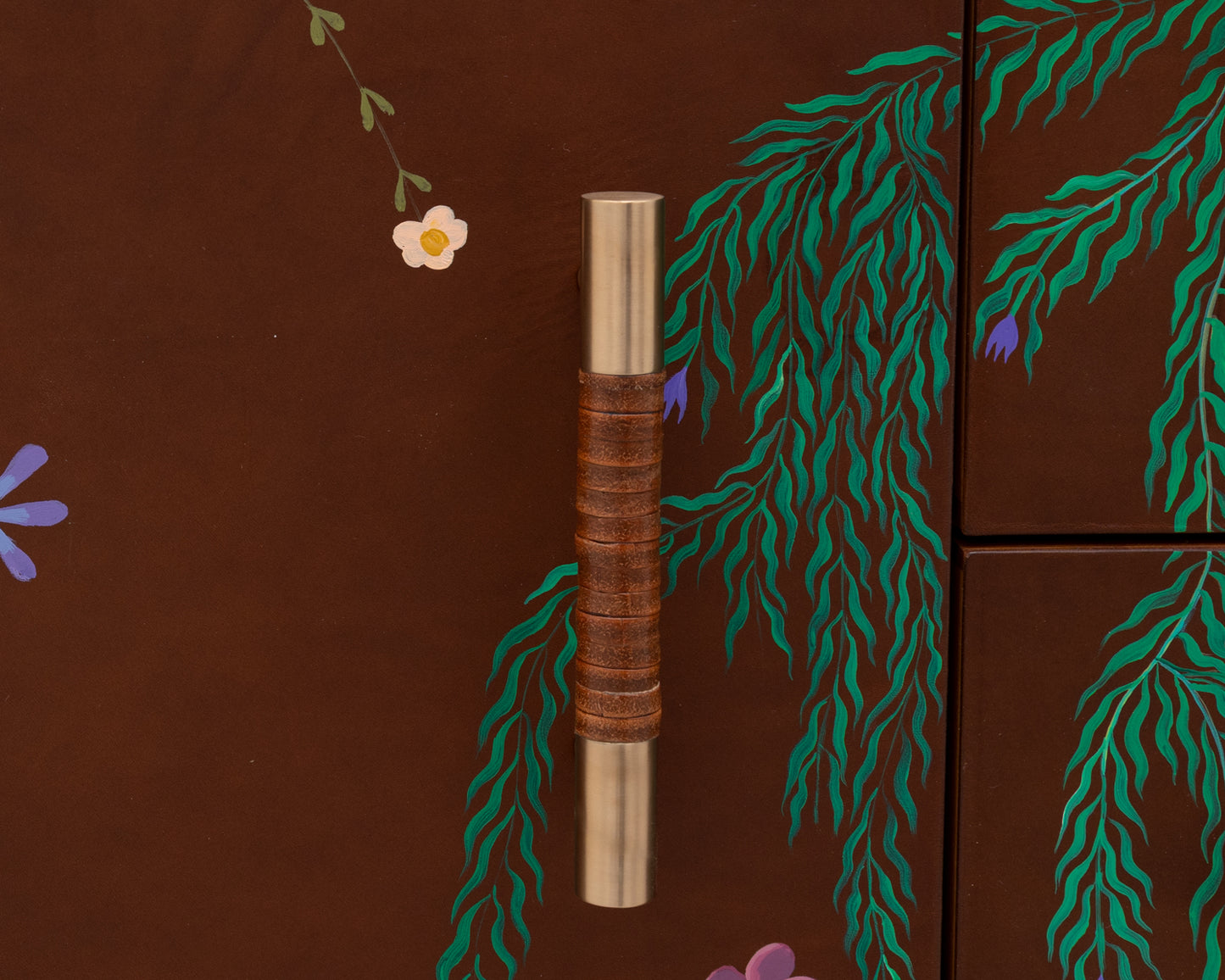 TATTOOED MAPPER BUREAU - 95" L, NATURAL TIGER MAPLE EXTERIOR, BARK LEATHER FACES