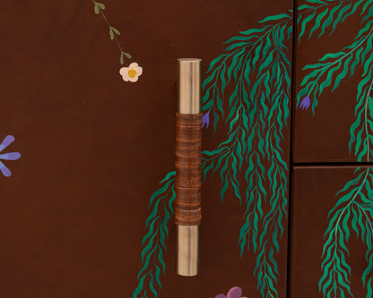 TATTOOED MAPPER BUREAU - 95" L, NATURAL TIGER MAPLE EXTERIOR, BARK LEATHER FACES