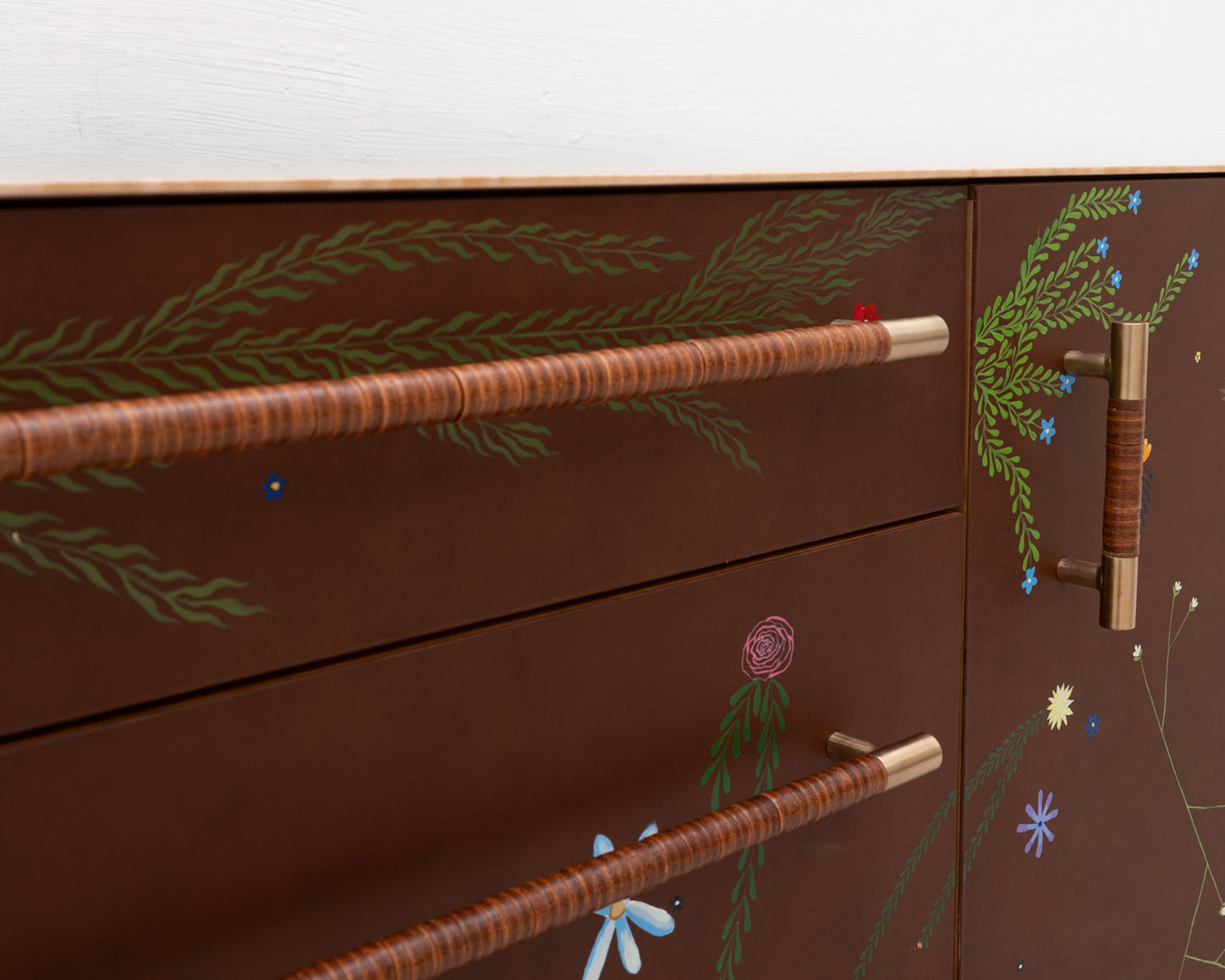 TATTOOED MAPPER BUREAU - 95" L, NATURAL TIGER MAPLE EXTERIOR, BARK LEATHER FACES