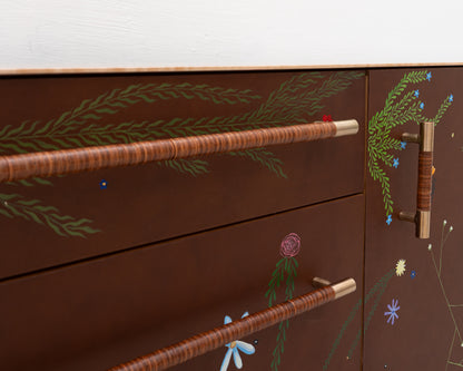 TATTOOED MAPPER BUREAU - 95" L, NATURAL TIGER MAPLE EXTERIOR, BARK LEATHER FACES