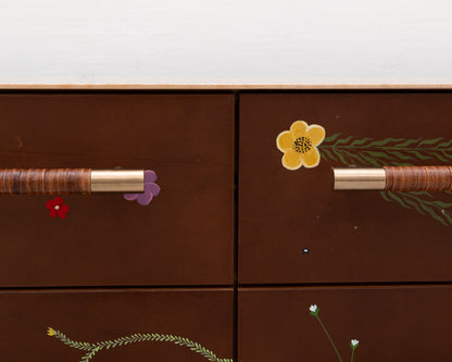 TATTOOED MAPPER BUREAU - 95" L, NATURAL TIGER MAPLE EXTERIOR, BARK LEATHER FACES