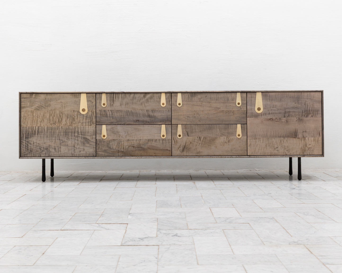 CAYESS CREDENZA - 95" L, OXIDIZED OIL TIGER MAPLE EXTERIOR AND FACES, HOLLY PULLS