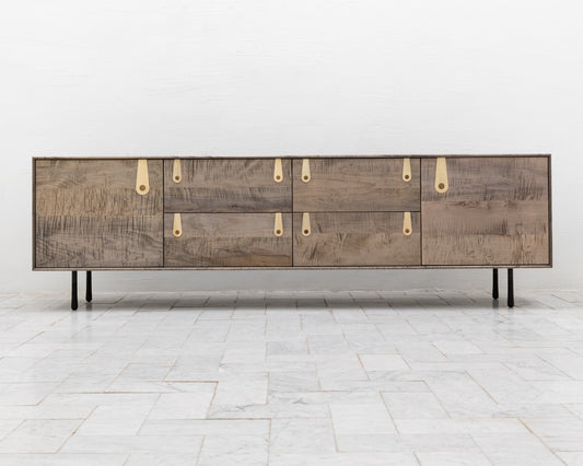 CAYESS CREDENZA - 95" L, OXIDIZED OIL TIGER MAPLE EXTERIOR AND FACES, HOLLY PULLS