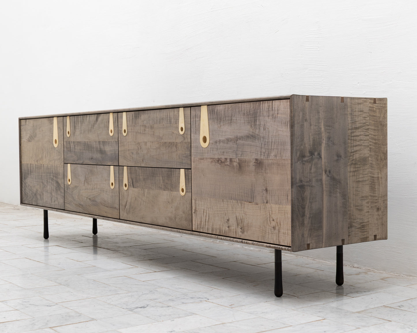 CAYESS CREDENZA - 95" L, OXIDIZED OIL TIGER MAPLE EXTERIOR AND FACES, HOLLY PULLS