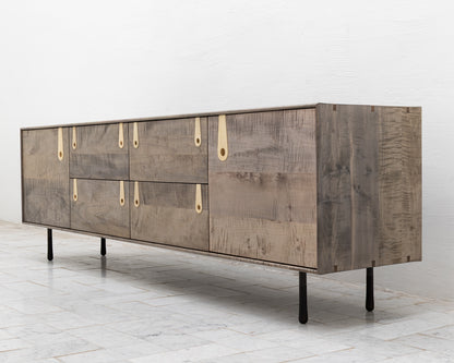 CAYESS CREDENZA - 95" L, OXIDIZED OIL TIGER MAPLE EXTERIOR AND FACES, HOLLY PULLS