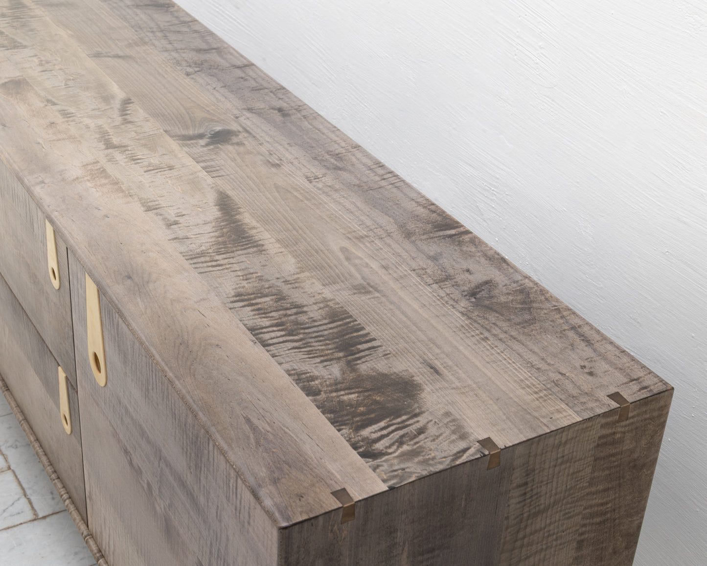 CAYESS CREDENZA - 95" L, OXIDIZED OIL TIGER MAPLE EXTERIOR AND FACES, HOLLY PULLS