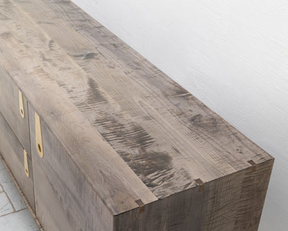 CAYESS CREDENZA - 95" L, OXIDIZED OIL TIGER MAPLE EXTERIOR AND FACES, HOLLY PULLS