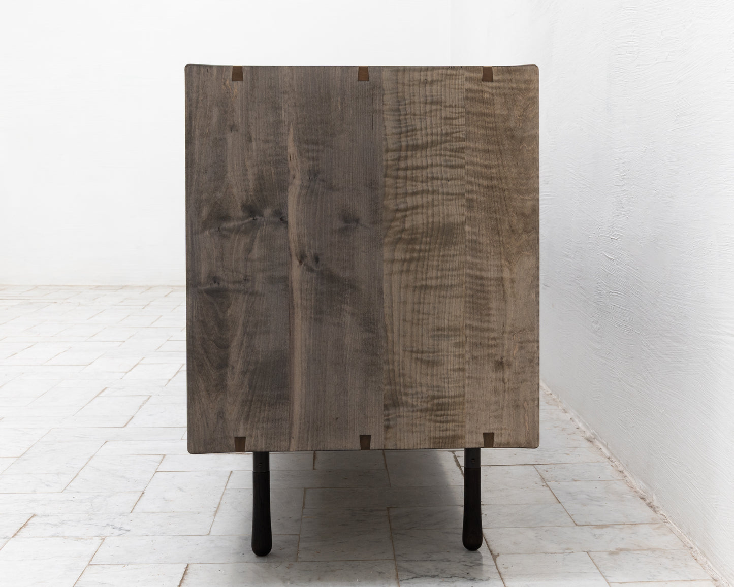 CAYESS CREDENZA - 95" L, OXIDIZED OIL TIGER MAPLE EXTERIOR AND FACES, HOLLY PULLS