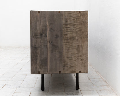 CAYESS CREDENZA - 95" L, OXIDIZED OIL TIGER MAPLE EXTERIOR AND FACES, HOLLY PULLS