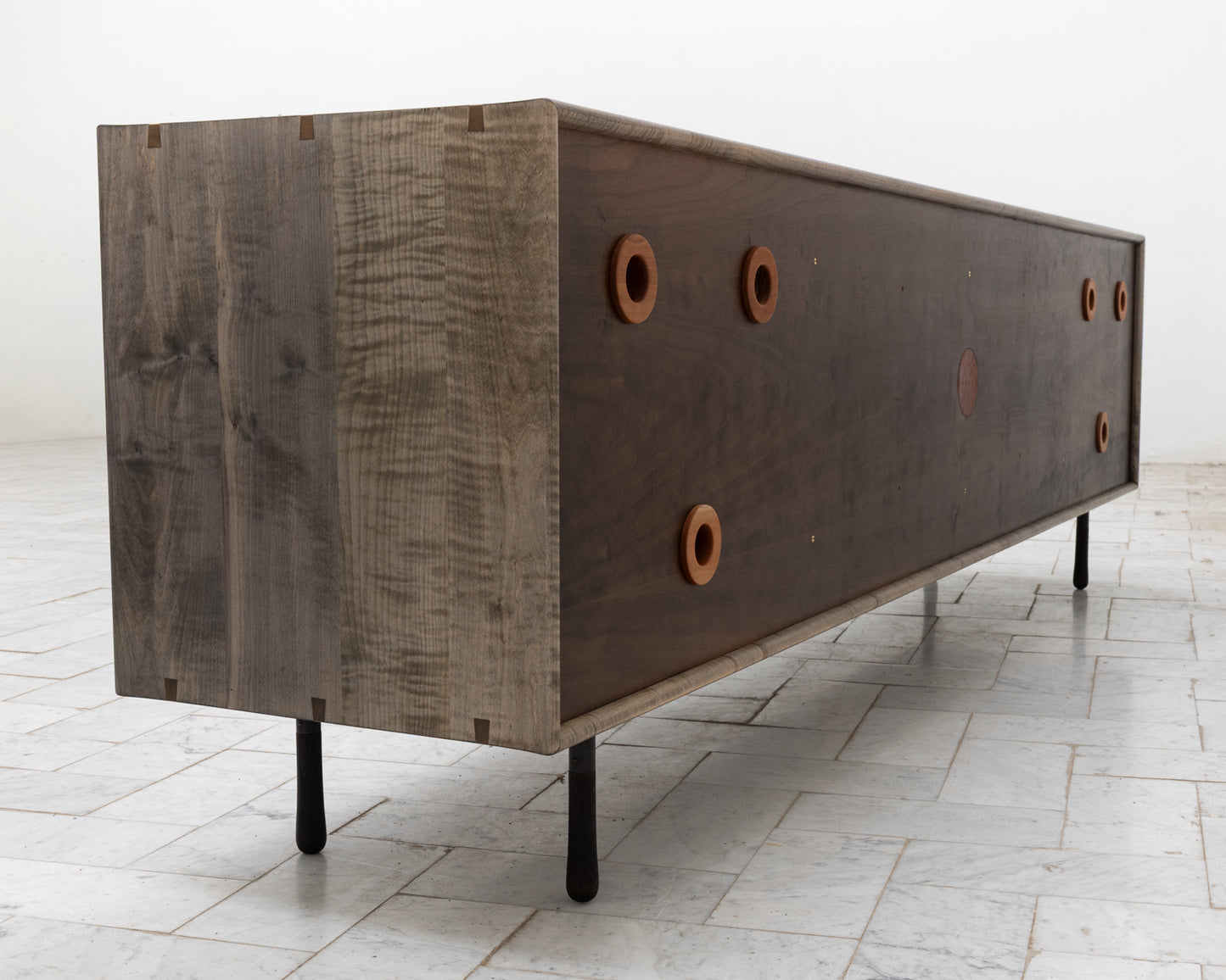 CAYESS CREDENZA - 95" L, OXIDIZED OIL TIGER MAPLE EXTERIOR AND FACES, HOLLY PULLS