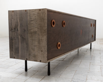 CAYESS CREDENZA - 95" L, OXIDIZED OIL TIGER MAPLE EXTERIOR AND FACES, HOLLY PULLS