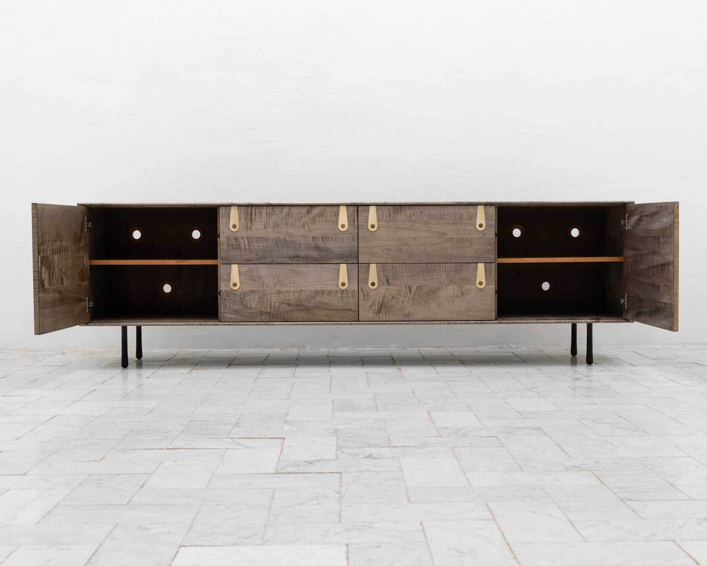CAYESS CREDENZA - 95" L, OXIDIZED OIL TIGER MAPLE EXTERIOR AND FACES, HOLLY PULLS