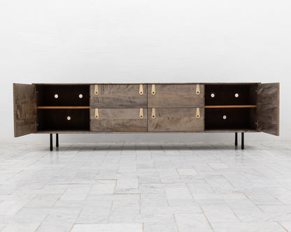 CAYESS CREDENZA - 95" L, OXIDIZED OIL TIGER MAPLE EXTERIOR AND FACES, HOLLY PULLS