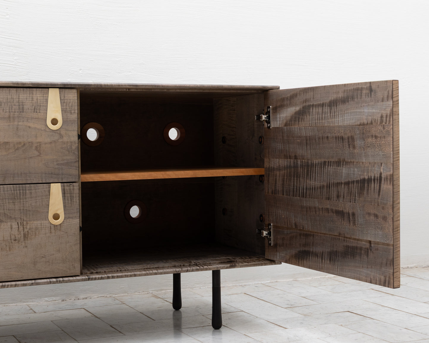 CAYESS CREDENZA - 95" L, OXIDIZED OIL TIGER MAPLE EXTERIOR AND FACES, HOLLY PULLS