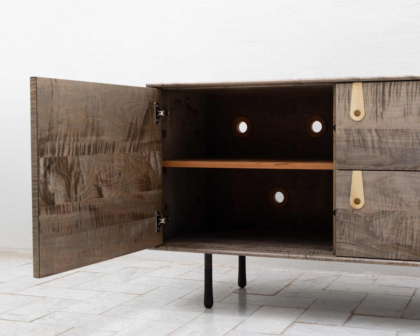 CAYESS CREDENZA - 95" L, OXIDIZED OIL TIGER MAPLE EXTERIOR AND FACES, HOLLY PULLS