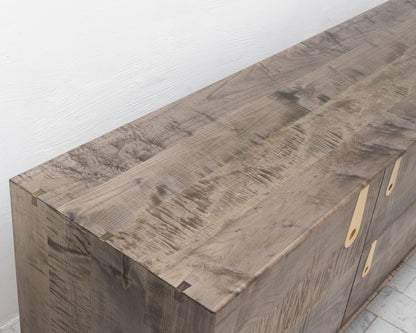 CAYESS CREDENZA - 95" L, OXIDIZED OIL TIGER MAPLE EXTERIOR AND FACES, HOLLY PULLS