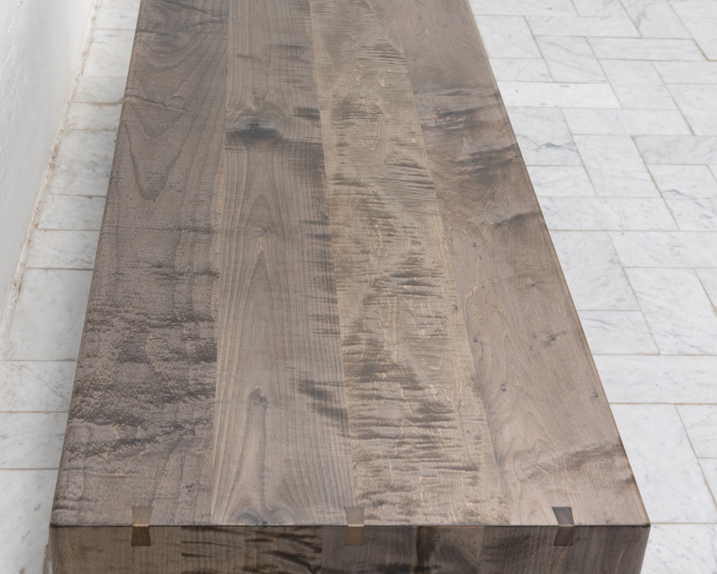 CAYESS CREDENZA - 95" L, OXIDIZED OIL TIGER MAPLE EXTERIOR AND FACES, HOLLY PULLS