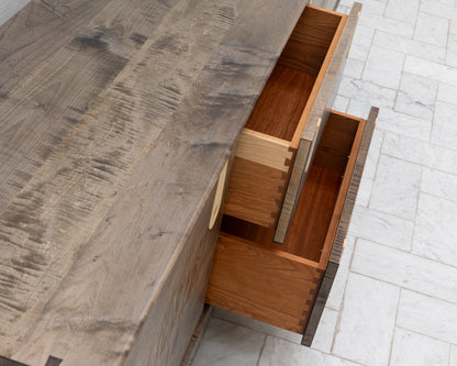CAYESS CREDENZA - 95" L, OXIDIZED OIL TIGER MAPLE EXTERIOR AND FACES, HOLLY PULLS