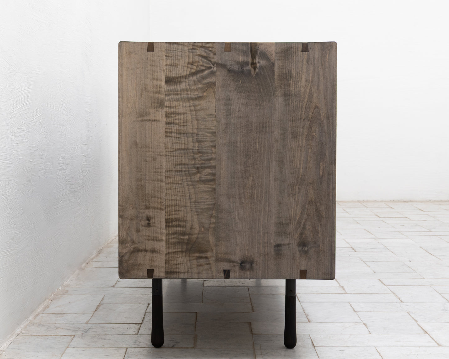 CAYESS CREDENZA - 95" L, OXIDIZED OIL TIGER MAPLE EXTERIOR AND FACES, HOLLY PULLS