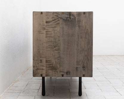 CAYESS CREDENZA - 95" L, OXIDIZED OIL TIGER MAPLE EXTERIOR AND FACES, HOLLY PULLS