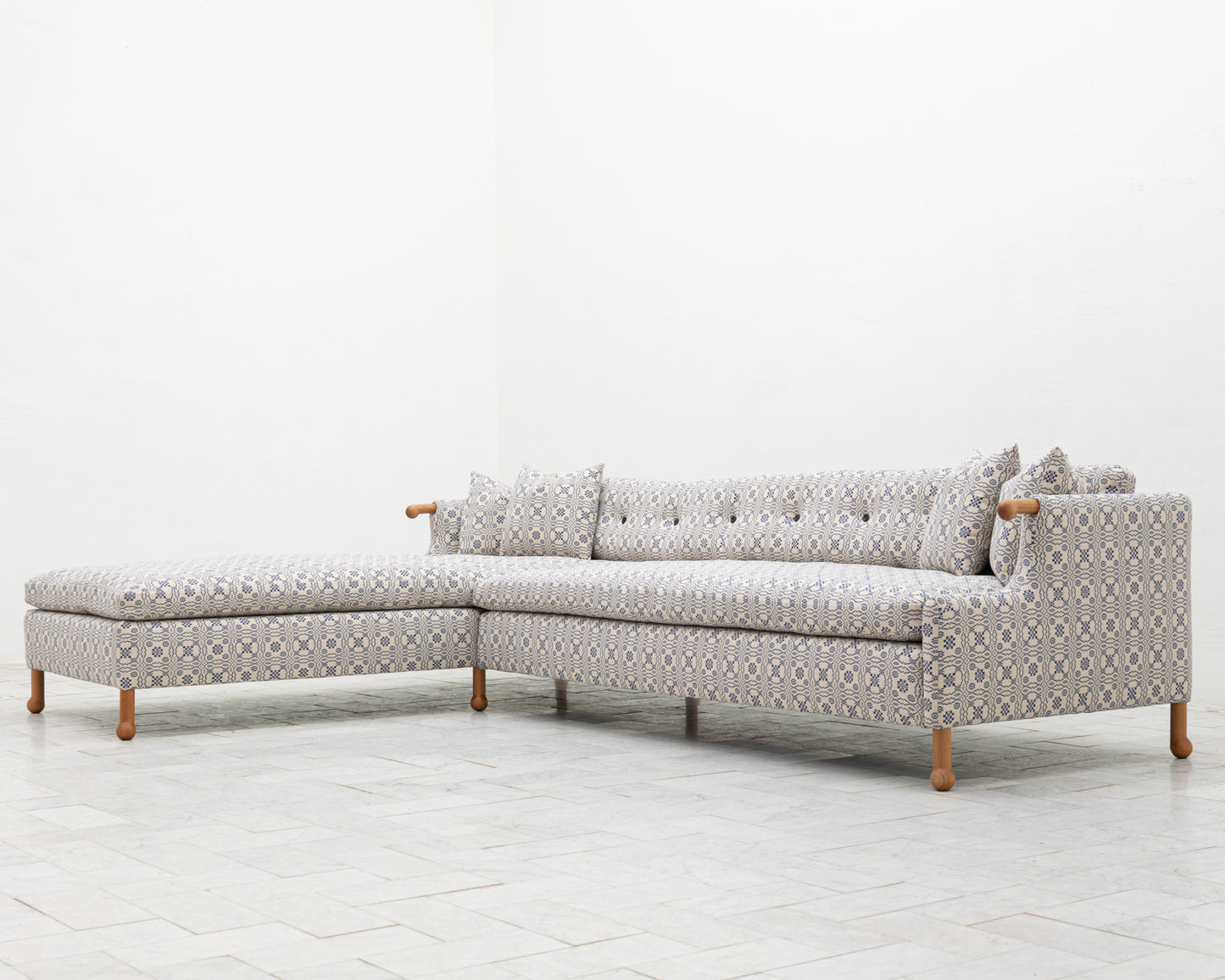 MABEL SOFA WITH CHAISE LOUNGE - 10' X 7', BDDW FABRIC #386, CHERRY ARMS AND FEET