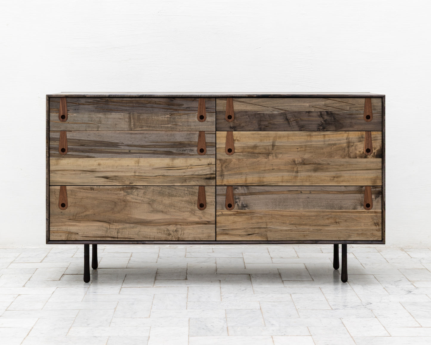 CAYESS DRESSER - 61" L, OXIDIZED MAPLE EXTERIOR AND FACES, BLACK WALNUT PULLS