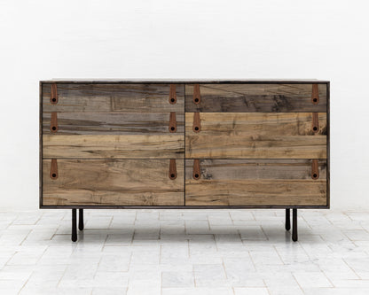 CAYESS DRESSER - 61" L, OXIDIZED MAPLE EXTERIOR AND FACES, BLACK WALNUT PULLS