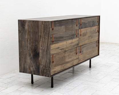 CAYESS DRESSER - 61" L, OXIDIZED MAPLE EXTERIOR AND FACES, BLACK WALNUT PULLS