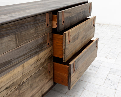 CAYESS DRESSER - 61" L, OXIDIZED MAPLE EXTERIOR AND FACES, BLACK WALNUT PULLS
