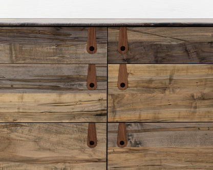CAYESS DRESSER - 61" L, OXIDIZED MAPLE EXTERIOR AND FACES, BLACK WALNUT PULLS