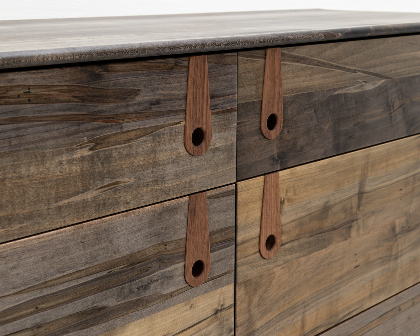 CAYESS DRESSER - 61" L, OXIDIZED MAPLE EXTERIOR AND FACES, BLACK WALNUT PULLS