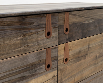 CAYESS DRESSER - 61" L, OXIDIZED MAPLE EXTERIOR AND FACES, BLACK WALNUT PULLS
