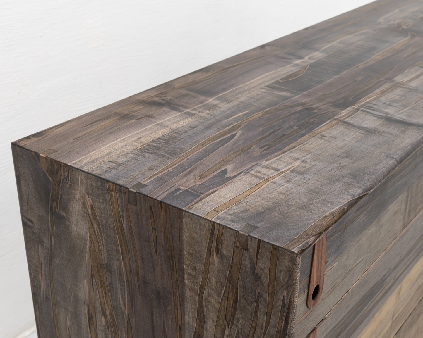 CAYESS DRESSER - 61" L, OXIDIZED MAPLE EXTERIOR AND FACES, BLACK WALNUT PULLS