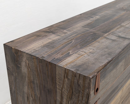 CAYESS DRESSER - 61" L, OXIDIZED MAPLE EXTERIOR AND FACES, BLACK WALNUT PULLS