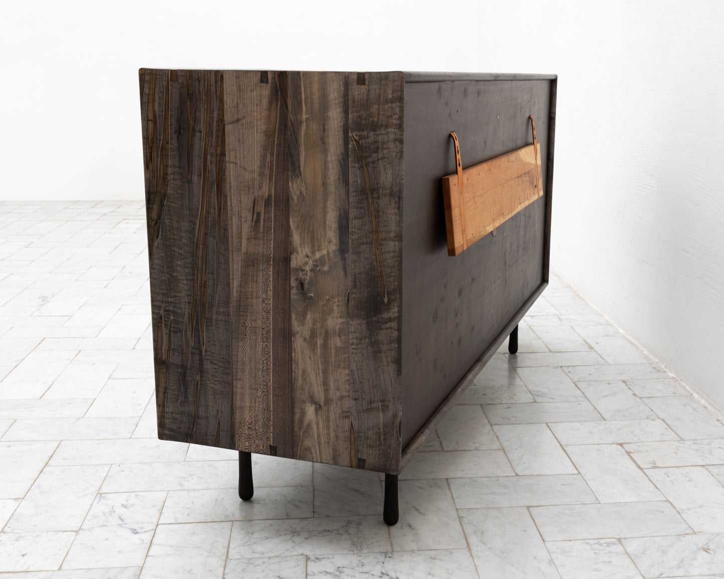 CAYESS DRESSER - 61" L, OXIDIZED MAPLE EXTERIOR AND FACES, BLACK WALNUT PULLS