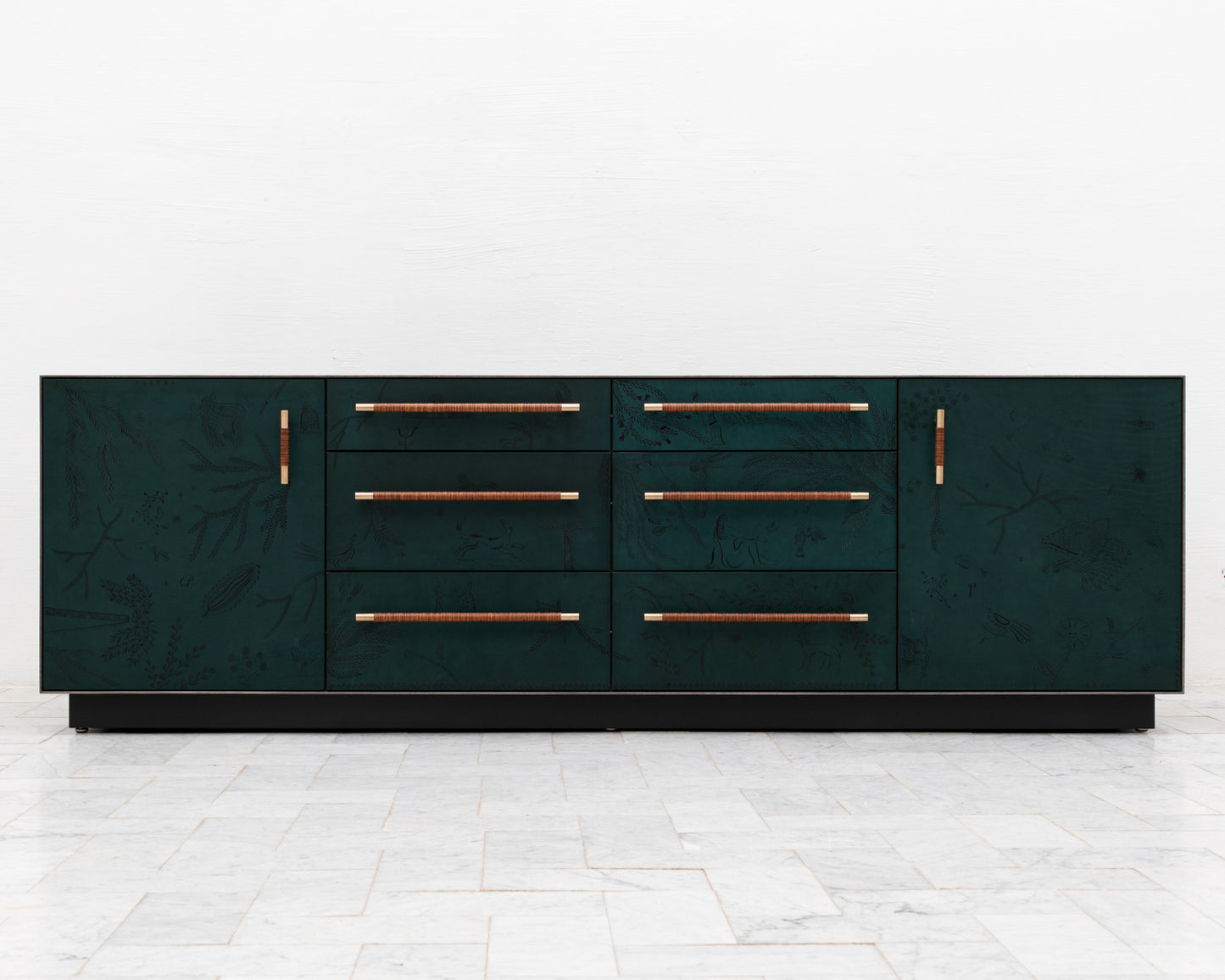 TATTOOED MAPPER BUREAU - 95" L, OXIDIZED OIL TIGER MAPLE EXTERIOR, POND LEATHER FACES
